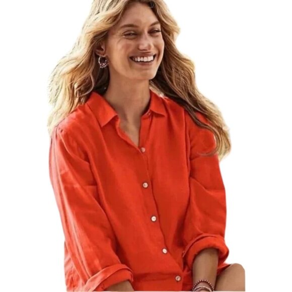 J. Jill Love Linen Essential Shirt Orange Button Front Long Sleeve - Picture 1 of 11